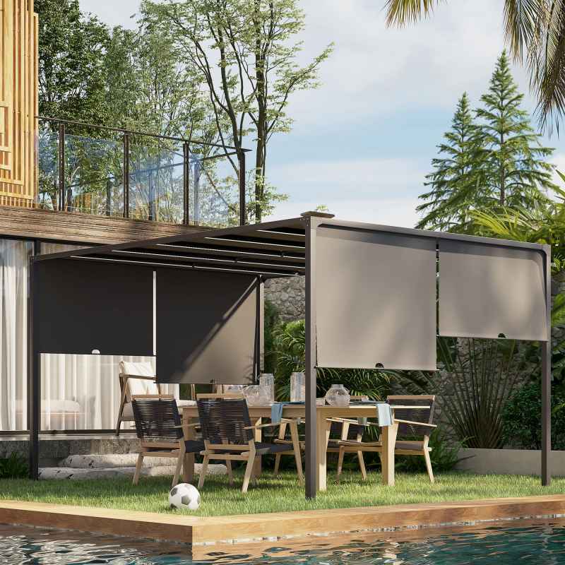 Outsunny 3(m) x 4m Pergola with Solar LED Lights, Garden Gazebo with Retractable Roof, Steel Frame, Outdoor Sun Shade Shelter for Patio Balcony Porch, Dark Grey