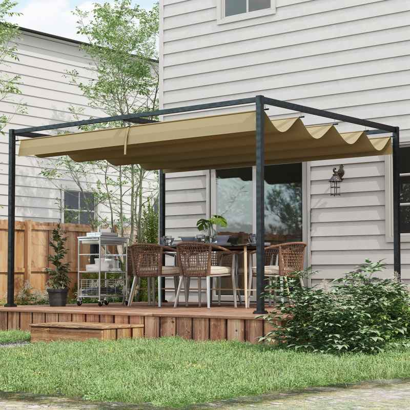 Outsunny 4 x 3(m) Metal Outdoor Pergola with Retractable Roof, Outdoor Gazebo Canopy Shelter with Drainage Holes for Garden, Patio, Lawn, Khaki