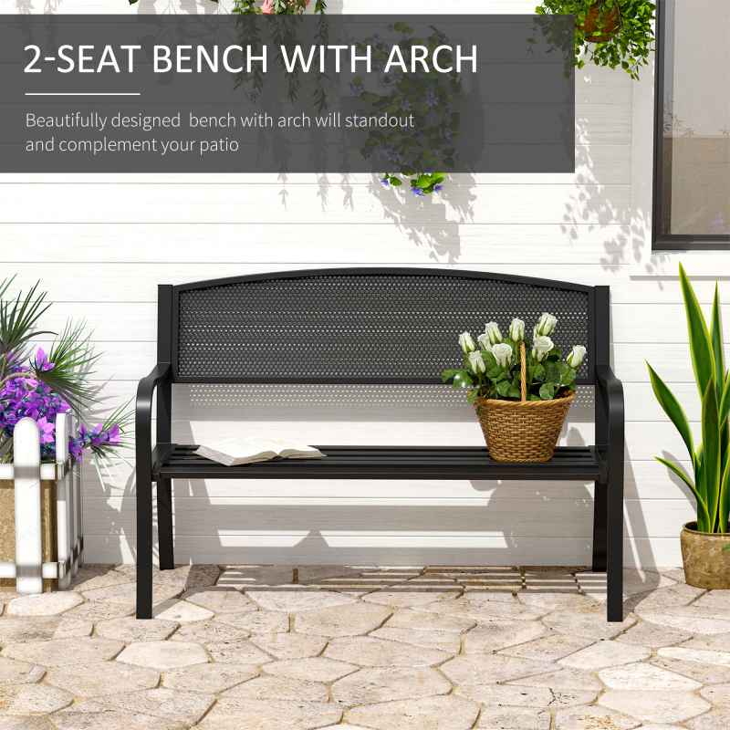 Outsunny 2 Seater Metal Garden Bench Garden Park Porch Chair Outdoor Patio Loveseat Seat Mesh Net Backrest Black
