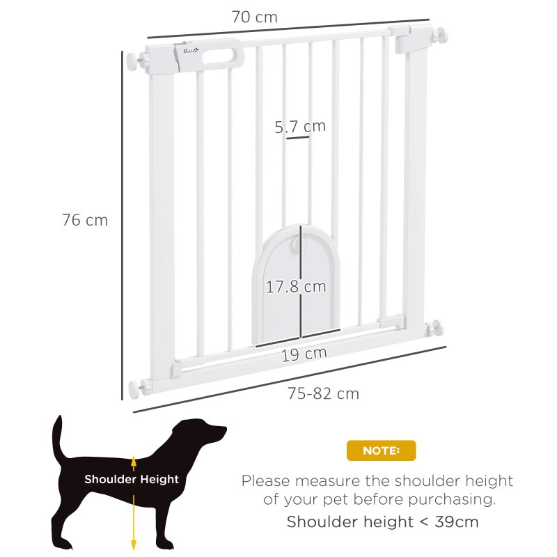PawHut Dog Gate with Cat Flap Pet Safety Gate Barrier, Stair Pressure Fit, Auto Close, Double Locking, for Doorways, Hallways, 75-82 cm White