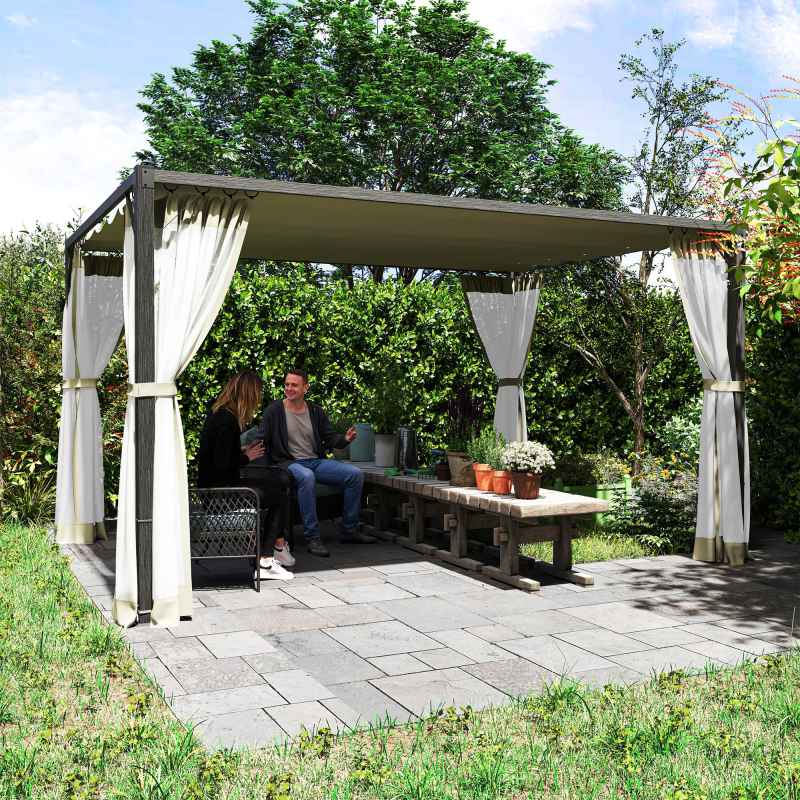 Outsunny 3 x 4 m Pergola with Retractable Roof Canopy and Netting Sidewalls, Aluminium Frame Garden Gazebo Outdoor Sun Shade Shelter for Grill, Patio, Deck, Khaki