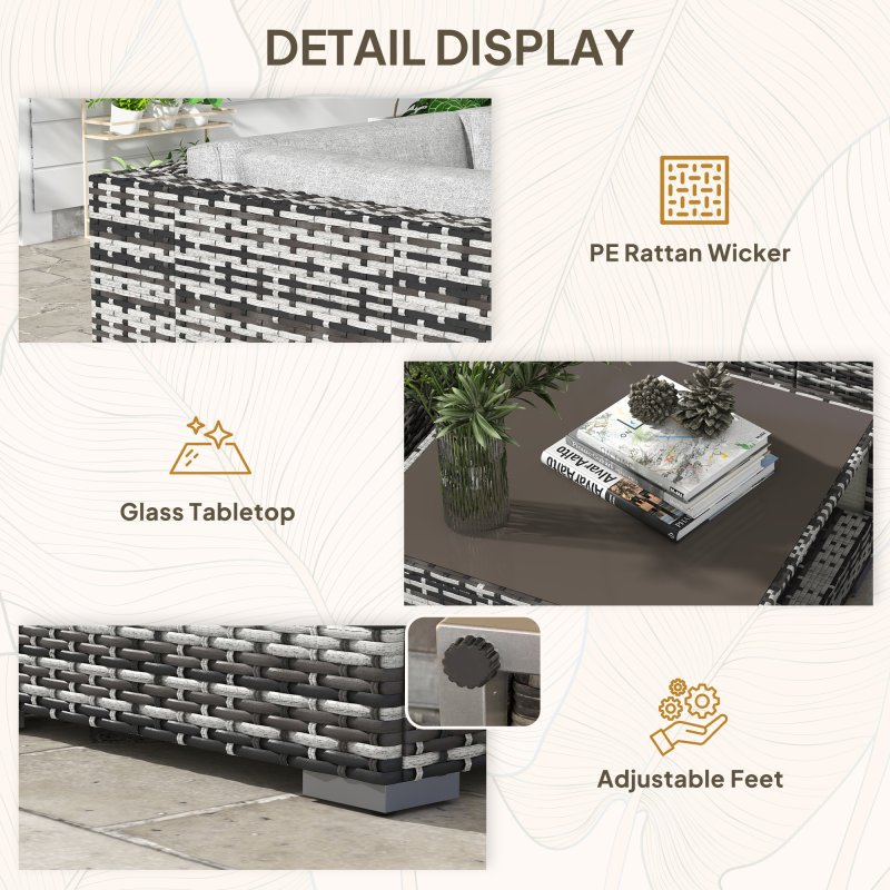 Outsunny 7 Pieces PE Rattan Garden Sofa Set Patio Furniture Set with Glass Table, Stools, Cushions, Pillows, for Outdoor Balcony, Mixed Grey