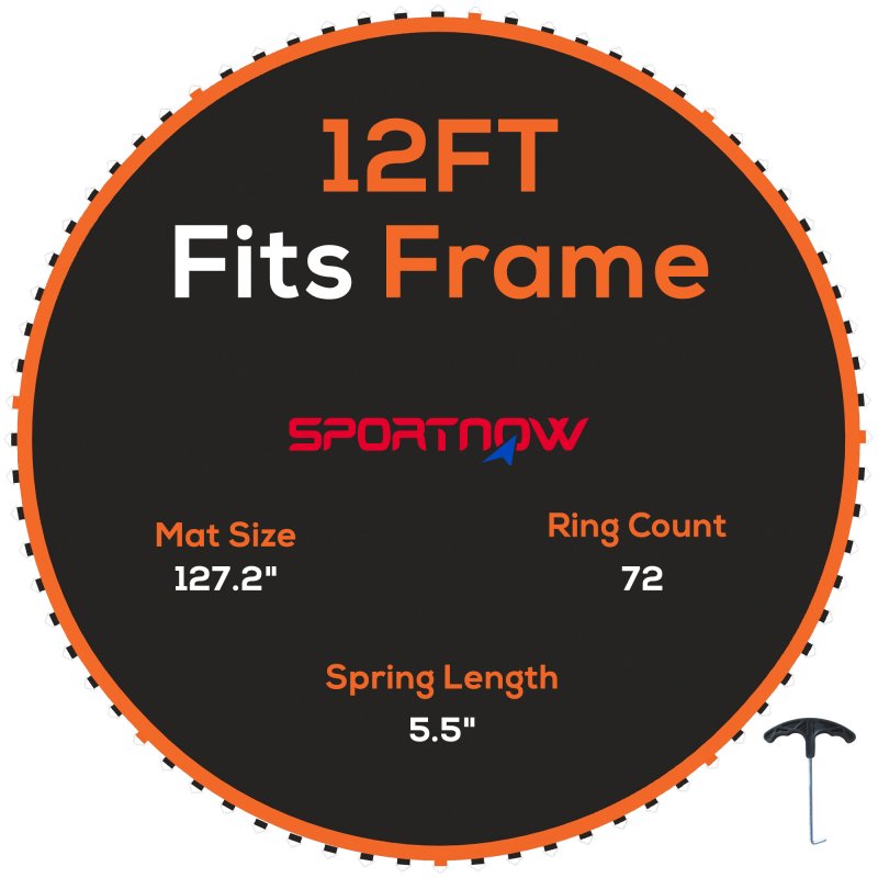 SPORTNOW Trampoline Replacement Mat with Eight Rows of Stitching, Spring Pull Tool, 72 V-Hooks, for 12ft Trampoline, Using 14cm Springs, Trampoline Jumping Mat, Orange