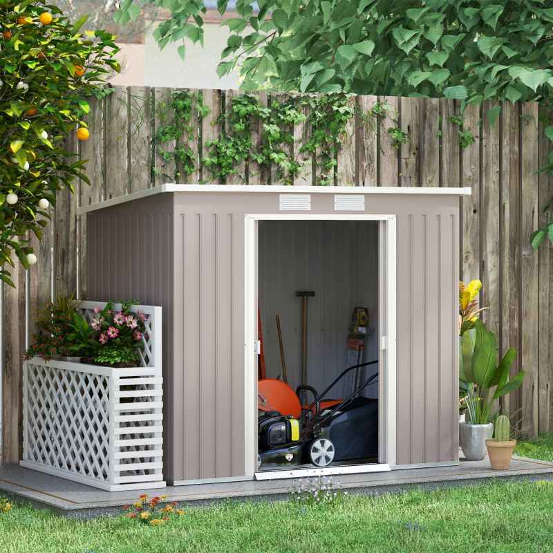 Outsunny 7 x 4ft Lean to Garden Shed with Foundation Kit, Double Door and Vents, Outdoor Metal Storage Shed for Equipment Tools, Grey