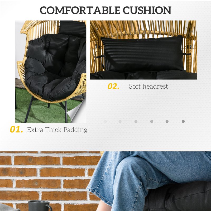 Outsunny Garden Egg Chair with 14cm Thick Seat Cushion, PE Rattan Leisure Chair with Comfortable Headrest, Adjustable Feet, Steel Frame, Sand