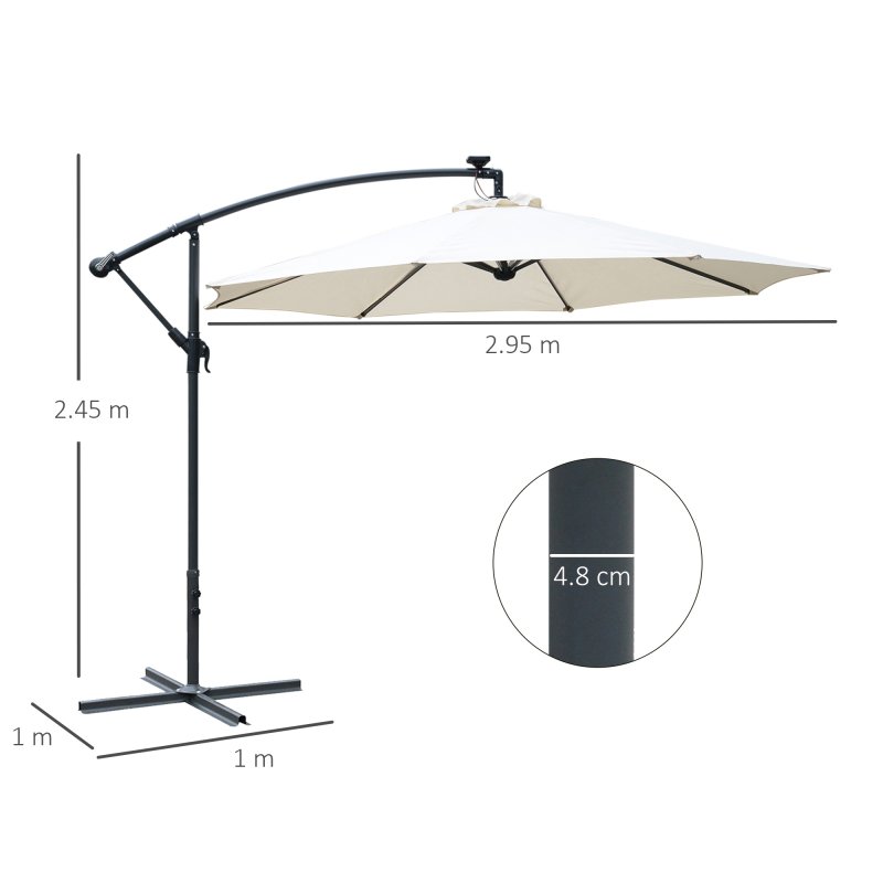 Outsunny 3(m) Banana Cantilever Parasol with Solar LED Lights, Garden Umbrella with Cross Base and Crank Handle, Hanging Offset Sun Shade for Outdoor, Patio, Cream White