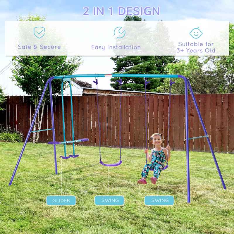 Outsunny Metal Garden Swing Set Height Adjustable Children Outdoor Backyard Play Set for Toddlers Over 3 Years Old, Purple