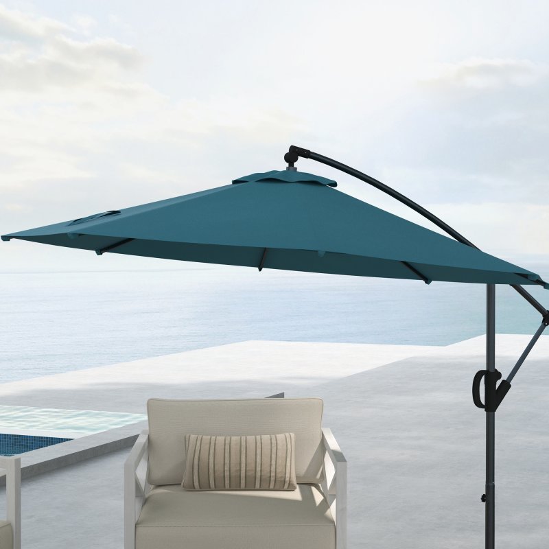 Outsunny 3(m) Cantilever Parasol with Cross Base, Banana Parasol with Crank Handle, Tilt and 8 Ribs, Round Hanging Patio Umbrella for Outdoor Pool, Garden, Balcony, Blue