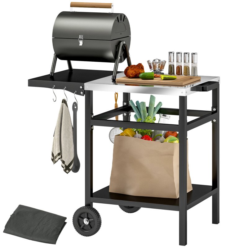 Outsunny BBQ Trolley with Stainless Steel Top and Foldable Side Table, Outdoor Kitchen BBQ Station with Hooks and Shelf, Pizza Oven Table Movable Outdoor Grill Dining Cart with Cover, Black