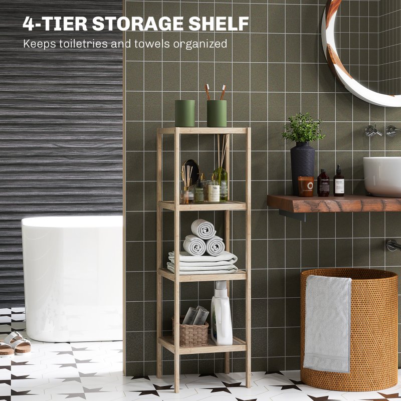HOMCOM 4-Tier Bamboo Bathroom Storage Shelves, Freestanding Storage Shelving Unit, Multifunctional Display Plants Stand Shelf Rack Organiser