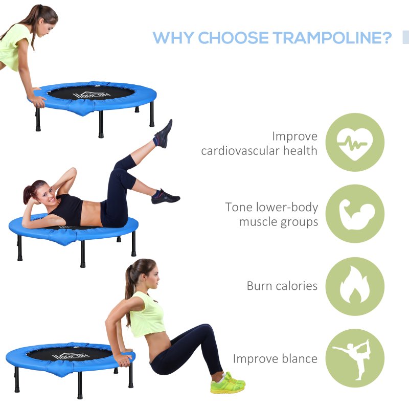 HOMCOM 101 Mini Fitness Trampoline Home Gym Yoga Exercise Rebounder Indoor Outdoor Jumper with Safety Pad, Support Up to 100 KG, Blue and Black