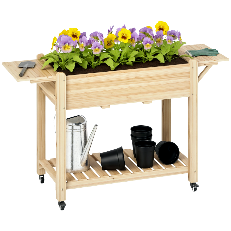 Outsunny Raised Garden Bed, Wooden Elevated Planter Box with Lockable Wheels, Side Tables and Bottom Shelf, Outdoor Planter with Liner and Drainage Holes for Vegetables, Flowers, Fruits, Natural