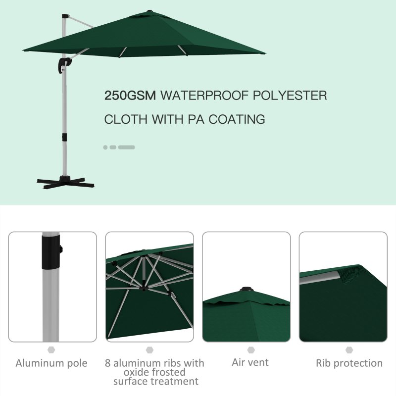 Outsunny 3 x 3(m) Cantilever Roma Parasol, Square Garden Umbrella with Cross Base, Crank Handle, Tilt, 360 Rotation and Aluminium Frame, Green