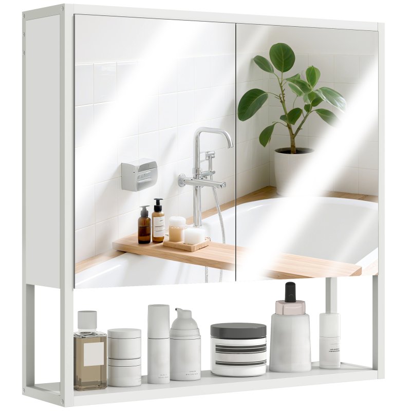 HOMCOM Bathroom Mirror Cabinet Wall Mounted with Soft-Close Doors and Adjustable Shelf, Industrial Bathroom Wall Cabinet with Open Storage, 60 x 16 x 60 cm