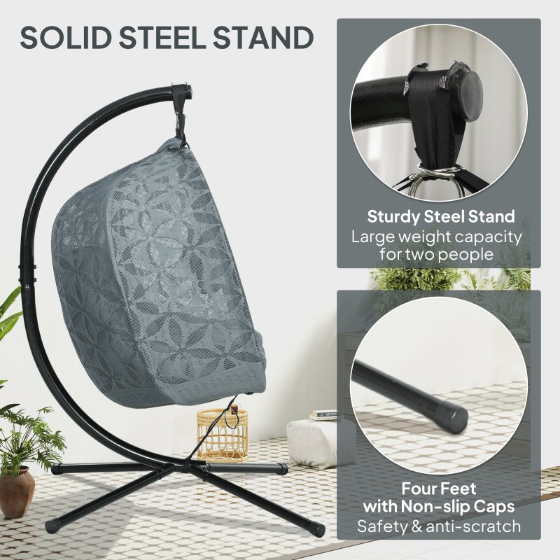 Outsunny Outdoor Double Hanging Chair, Swing Chair with Metal Stand, Thick Padded Cushion, Foldable Basket and Cup Holders, for Indoor and Outdoor, Charcoal Grey