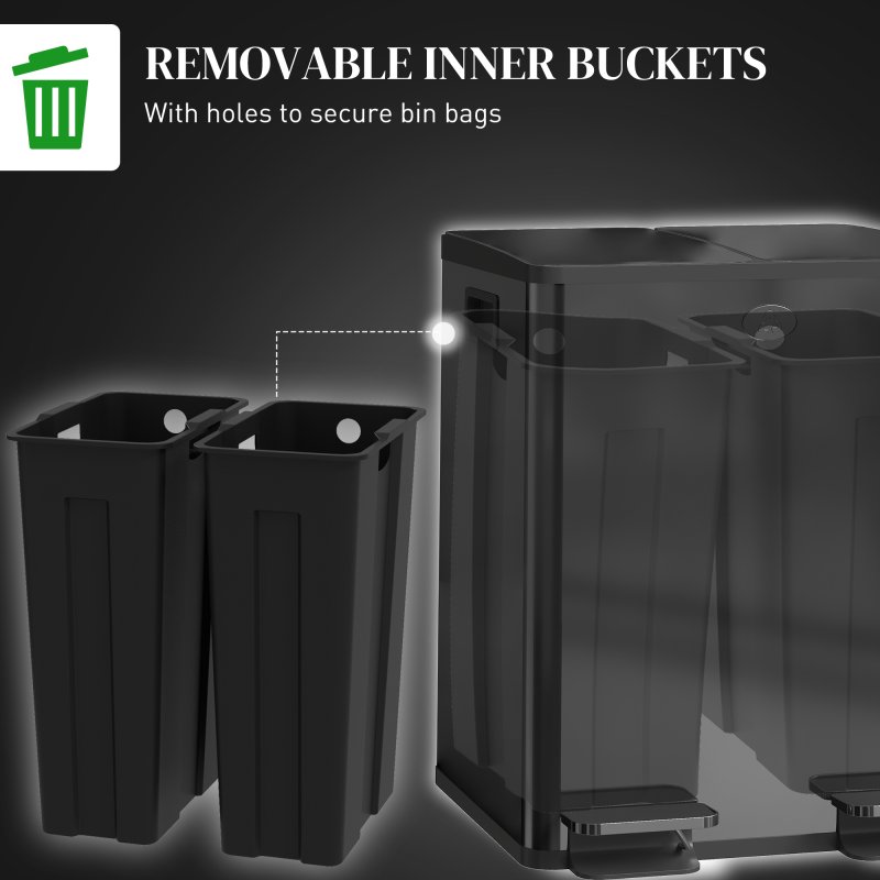 HOMCOM Dual Kitchen Bin, 2 x 20L Stainless Steel Double Rubbish Bin with Soft Close Lid, Removable Inner Buckets, Fingerprint-Proof for Recycling and Waste