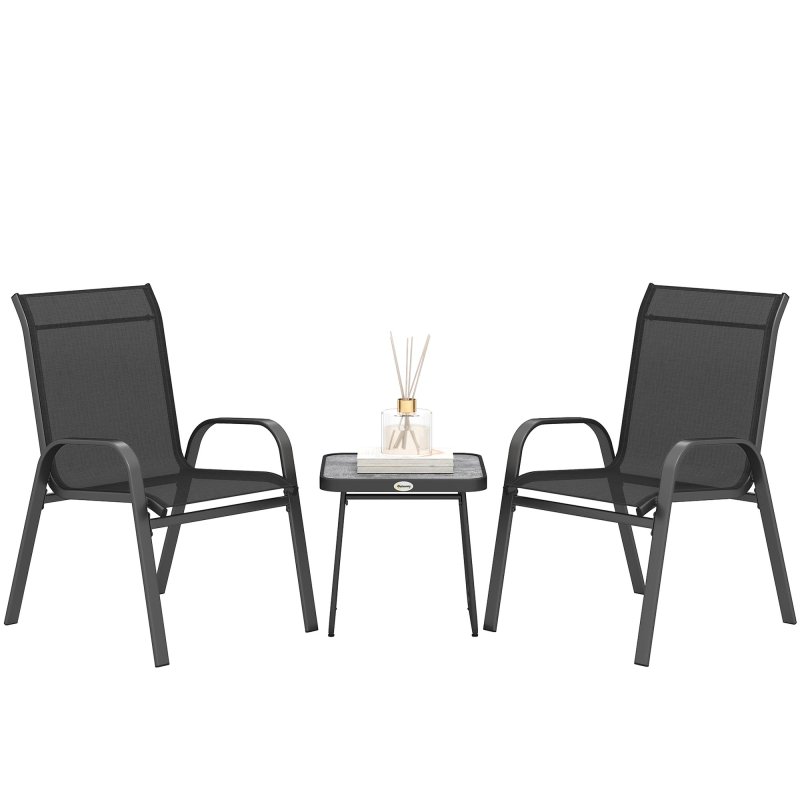 Outsunny Garden Bistro Set, 3 Piece Garden Furniture Set with Stackable Armchairs and SPC Board Coffee Table, Bistro Table and Chairs with Texteline Seats for Balcony, Porch, Black