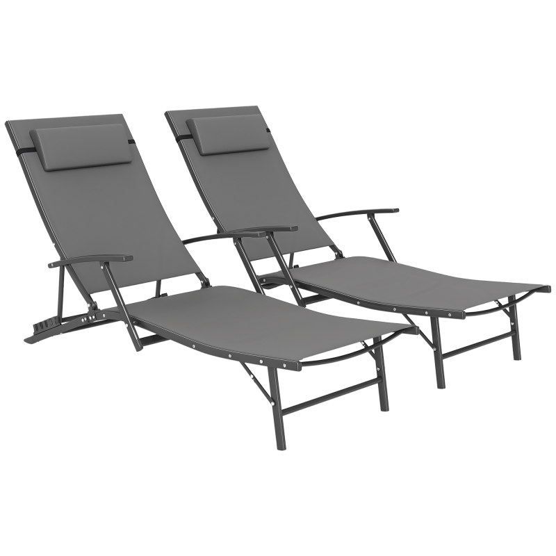 Outsunny Set of 2 Folding Sun Loungers for Garden, 4 Positions Adjustable Outdoor Chaise Lounge Chairs with Armrests, Pillows, Steel Frame, Sunbed Recliners for Patio, Beach and Poolside, Grey