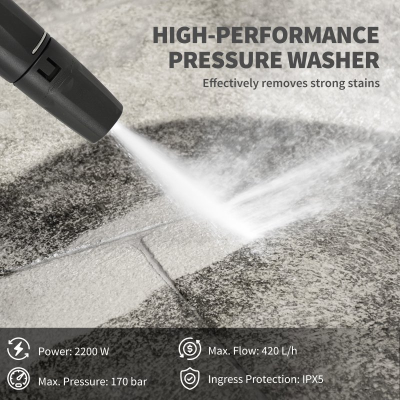 Outsunny 2200W High Pressure Washer, 170 Bar Pressure, 420 L/h Flow, Portable Electric Power Washer Jet Wash Cleaner with Adjustable Nozzle 6M Hose and Hose Reel for Home Patio Car Driveway