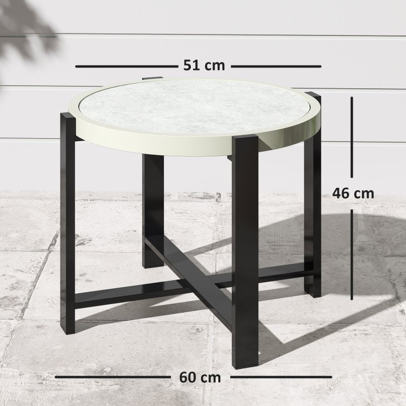 Outsunny Round Small Garden Table, 60cm Outdoor Side Table with Faux Marble Tempered Glass Top, Aluminium Frame for Garden, Patio, Balcony, Light Grey