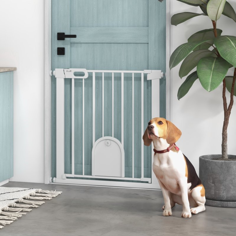 PawHut Dog Gate with Cat Flap Pet Safety Gate Barrier, Stair Pressure Fit, Auto Close, Double Locking, for Doorways, Hallways, 75-82 cm White