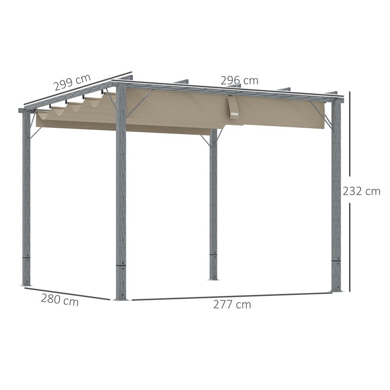Outsunny 3 x 3(m) Garden Pergola with Retractable Roof Canopy and Wood Grain Aluminium Frame, Outdoor Gazebo Pergola Kit, UPF30+ Sun Shade Shelter for Deck, Porch, Grey