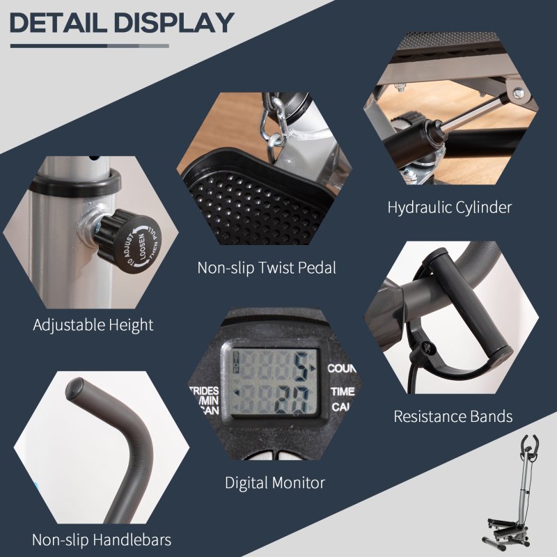 HOMCOM Adjustable Twist Stepper Aerobic Ab Exercise Fitness Workout Machine w/ LCD Screen, Height Adjust Handlebars for Home Gym, Silver and Black