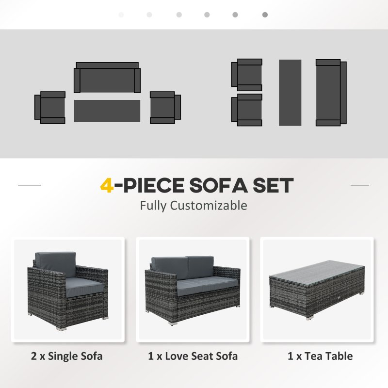 Outsunny 4 Pieces Outdoor PE Rattan Sofa Set with Cushions, Patio Wicker Conversation Furniture Set with Glass Top Coffee Table, Mixed Grey