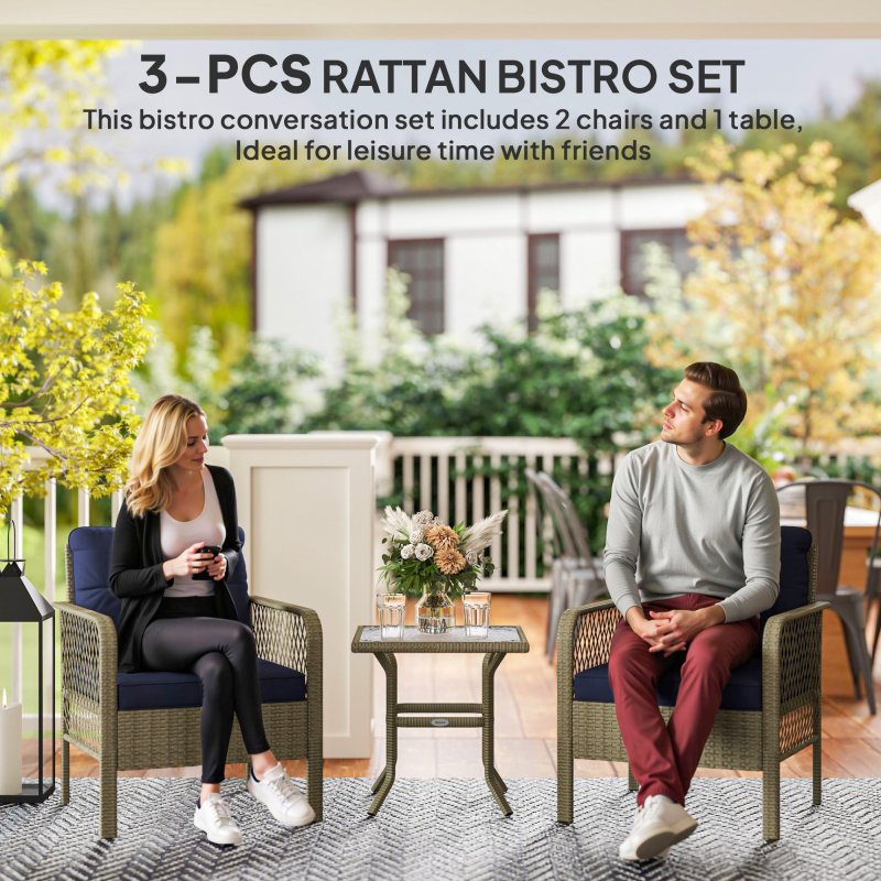 Outsunny 3 Pieces Rattan Bistro Set, Wicker Garden Furniture Set with Glass Top Coffee Table and Chairs, Thickened Cushions for Outdoor, Patio, Balcony, Charcoal Grey