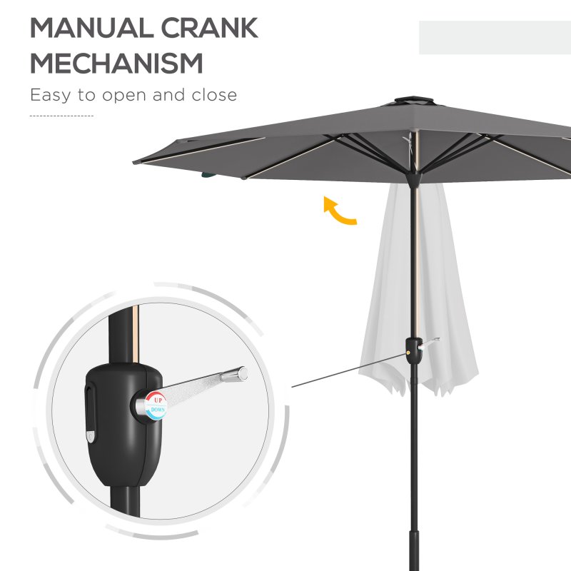 Outsunny 2.65m Garden Parasol with Lights, Solar Charged Warm Yellow LED Patio Umbrella with Crank Handle, for Balcony, Outdoor and Lawn, Charcoal Grey