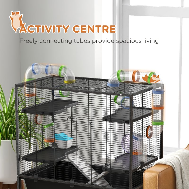 PawHut Large Hamster Cage, Gerbil Cage with Wheels, Tubes, Storage Shelf, Ramps, Running Wheel, Food Dish, Water Bottle, for Syrian Hamster - Black