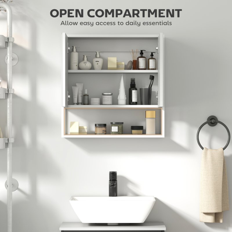 HOMCOM Bathroom Mirror Cabinet Wall Mounted with Soft-Close Doors and Adjustable Shelf, Industrial Bathroom Wall Cabinet with Open Storage, 60 x 16 x 60 cm