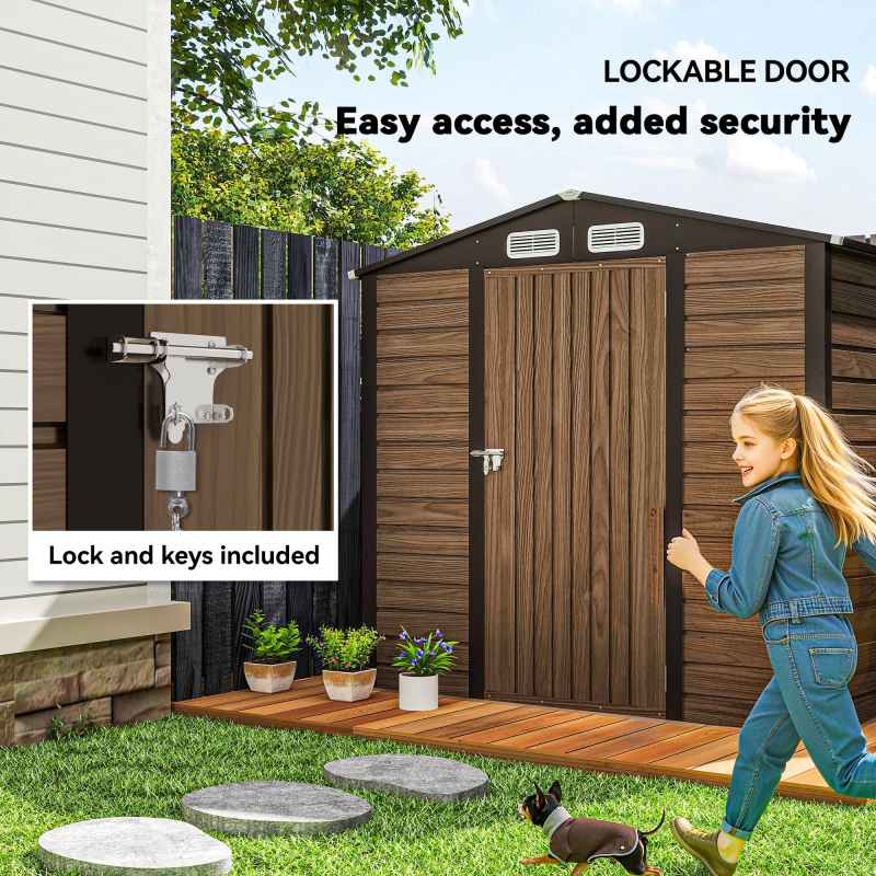 Outsunny 4.3 x  6.2 ft Garden Shed, Galvanised Metal Shed, Easy to Assemble, with Lockable Door, Gloves and 2 Vents Outdoor Tool Storage, Oak
