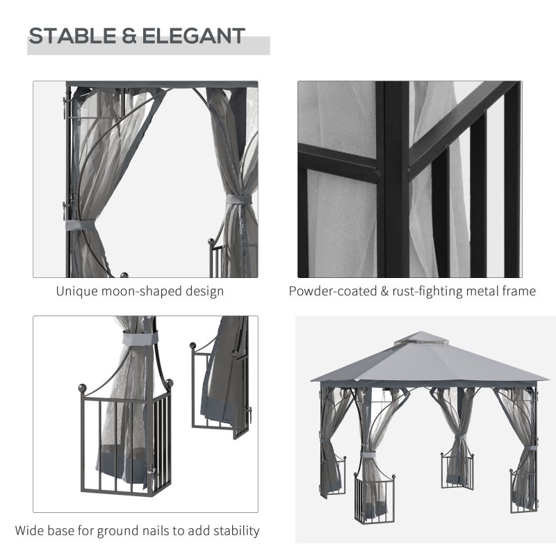 Outsunny 3 x 3m Garden Gazebo Patio Party Tent Shelter Outdoor Canopy Double Tier Sun Shade with Metal Frame and Netting, Light Grey