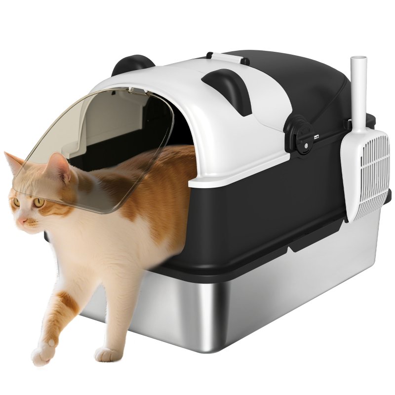PawHut XL Stainless Steel Litter Box with Lid, Extra Large Enclosed Litter Tray with Scoop & 180 Flip Front Cover, Anti-Leakage, Non-Sticky, Non-Odour, Easy Cleaning, for Big Cats, Panda Style