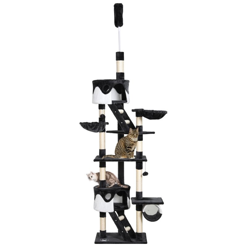 PawHut Floor to Ceiling Cat Tree, 240-260cm Adjustable Height Kitten Tower with Scratching Posts, Cat Houses, Ramps, Hammocks, Toy Balls, Tunnel for Indoor Use - White