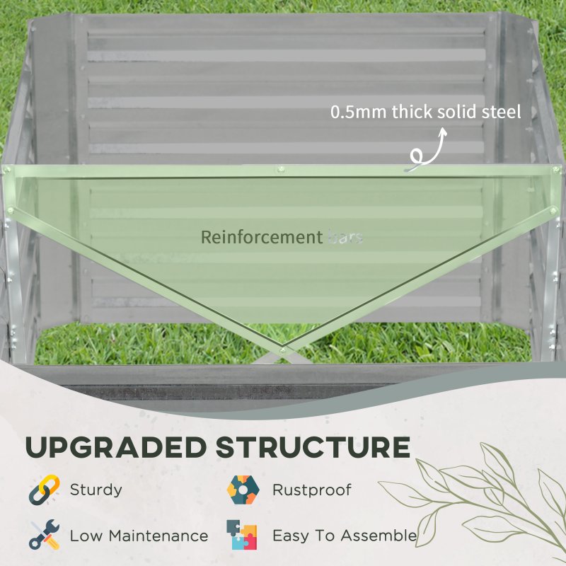 Outsunny Raised Beds for Garden, Galvanised Steel Outdoor Planters with Multi-reinforced Rods for Vegetables, Plants, Flowers and Herbs, 180 x 90 x 59 cm, Light Grey