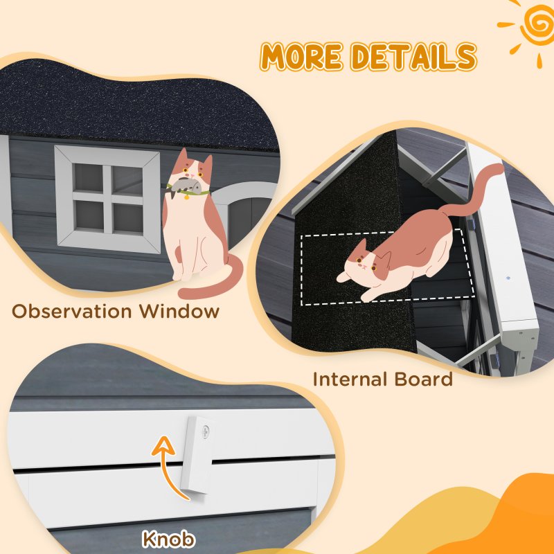 PawHut Outdoor Cat House, Wooden Feral Cat Shelter, Water-Resistant Hide Home with Openable Asphalt Roof, Three Doors, 77 x 57.5 x 68cm - Grey