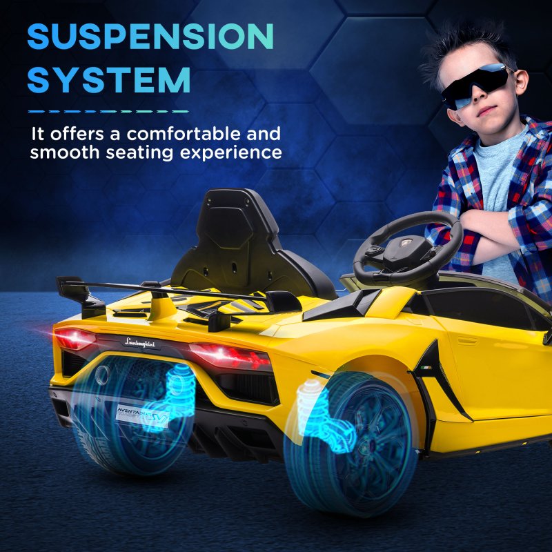 HOMCOM Lamborghini Aventador Licensed Kids' Electric Ride-on with Remote Control, 12V Powered Electric Car for Kids with Butterfly Doors, Auxiliary wheels, Music, Horn, Suspension - Yellow