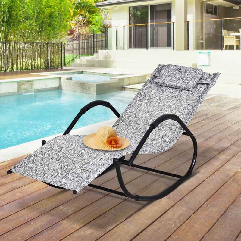 Outsunny Rocking Sun Lounger, Garden Rocking Chair Zero Gravity Lounge Chair, Outdoor Patio Recliner with Padded Pillow and Steel Frame, Grey