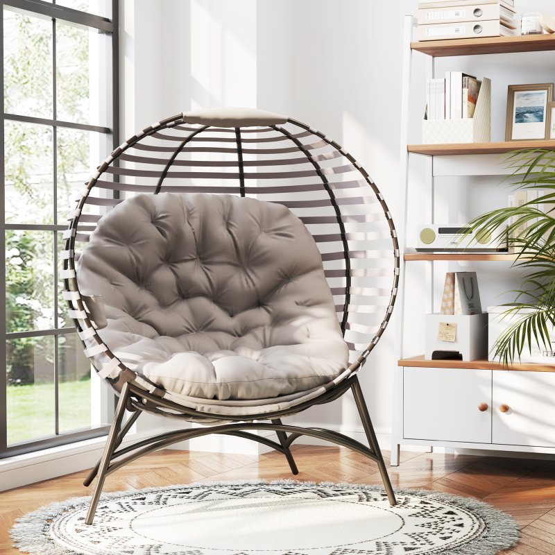 Outsunny Egg Chair with Soft Cushion, Outdoor Lounge Chair with Steel Frame and Side Pocket, Garden Leisure Seat for Indoor, Outdoor, Light Grey