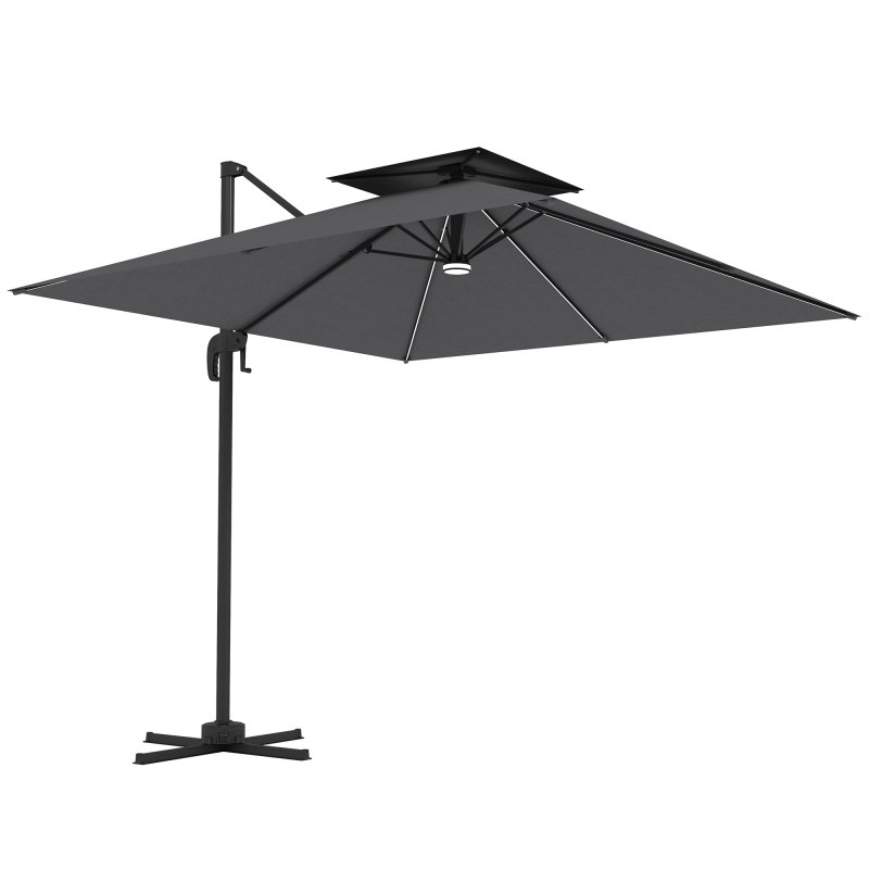 Outsunny 2.5m Cantilever Parasol with Solar Powered LED Lights, Double Top Square Overhanging Garden Parasol with 360?? Rotation, Tilt Adjustment, Crank Handle, Dark Grey