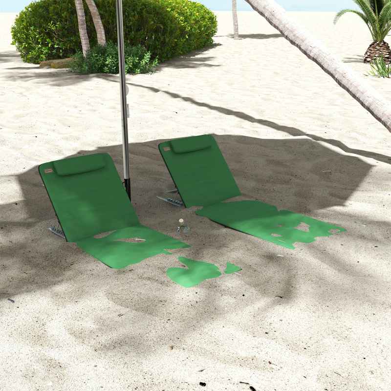 Outsunny Set of 2 Foldable Garden Beach Chair Mat Lightweight Outdoor Sun Lounger Seats Adjustable Back Metal Frame PE Fabric Head Pillow w/ Carry Bag, Green
