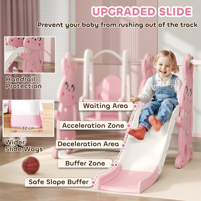 AIYAPLAY Toddler Slide and Swing Set 4 in 1 with Climber, Basketball Hoop, Kids Slide for Age 1.5-4, Children Activity Centre Playground for Indoor Outdoor Garden, Rabbit Themed, Pink