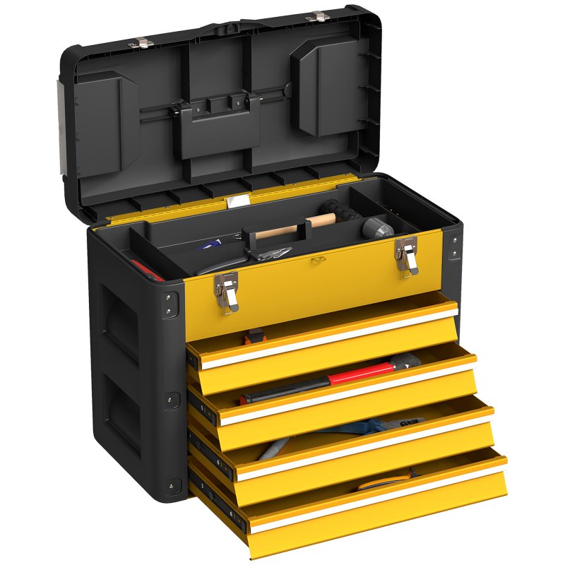 HOMCOM 4 Drawers Large Tool Box, Powder Coated Steel Toolbox with Top Tray, Mini Parts Boxes, Ball Bearing Runners, Handle, Heavy Duty Tool Chest for Workshop, Garage, 497mm x 253mm x 407mm, Yellow