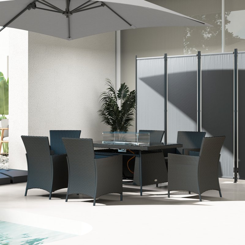 Outsunny 7 Pieces Outdoor Rattan Garden Furniture with Fire Pit Table, 6 Seater Garden Table and Chairs with Cushions, Rattan Dining Set with Propane Heater Table, Windscreen, 50,000 BTU, Black