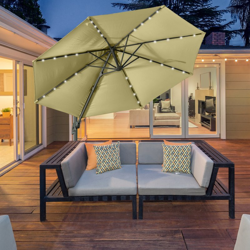 Outsunny 3(m) Cantilever Roma Parasol Patio Sun Umbrella with Crank & Tilt LED Solar Light Cross Base 360 Rotating Outdoor, Beige