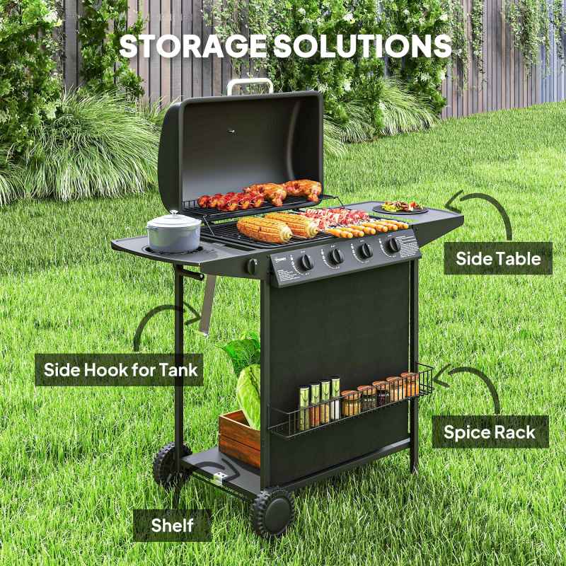Outsunny 4+1 Burner Gas BBQ Grill, Portable Gas Barbecue Grill with Built-in Thermometer, Lid, Side Table, Shelf, Spice Rack, Wheels, Grease Cup for Garden Party Outdoor Cooking, Black
