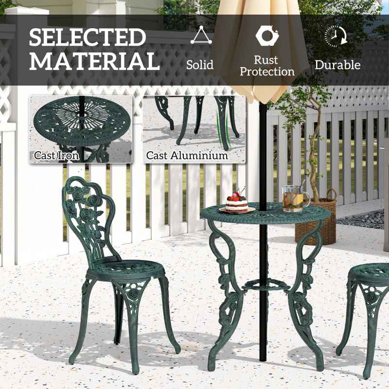 Outsunny Garden Bistro Set with Umbrella Hole, 3 Piece Cast Aluminium Garden Furniture Set, Antique Floral Round Coffee Table and Chairs, Small Balcony Furniture for Outdoor, Patio, Green