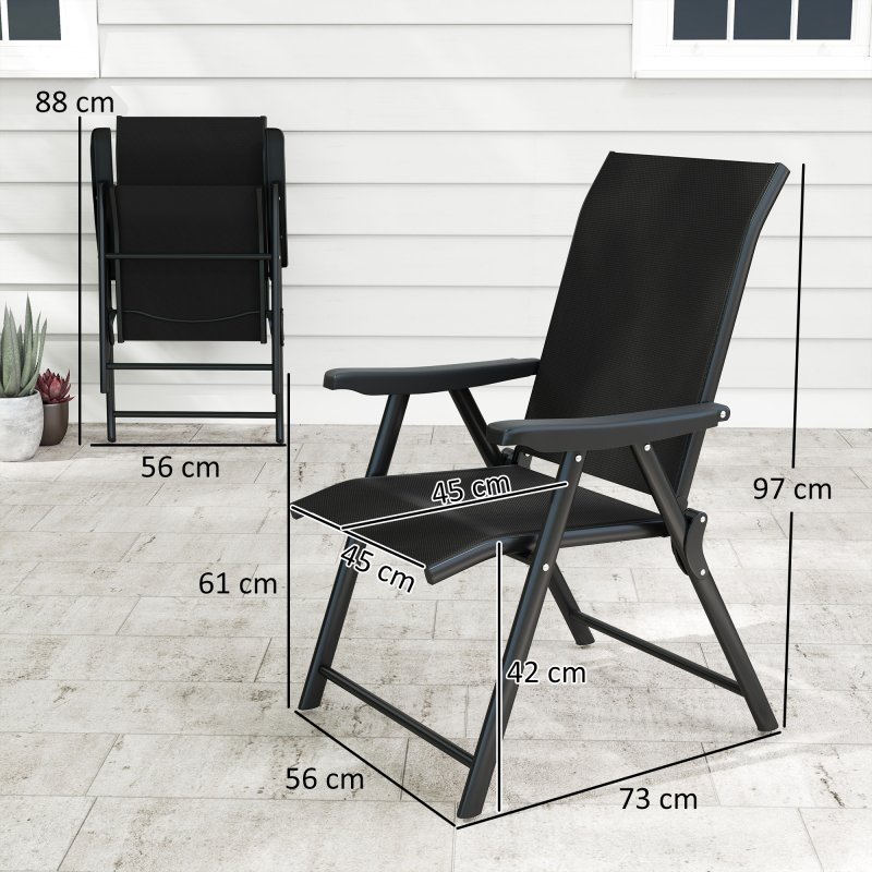 Outsunny Set of 4 Folding Chair, Garden Chair Set with Breathable Mesh Back and Seat, Outdoor Camping Chairs with Armrests, Steel Frame for Deck Balcony, Black